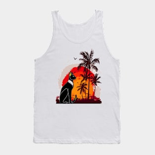 Black Cat Watching Sunset Palm Tree Beach Tank Top